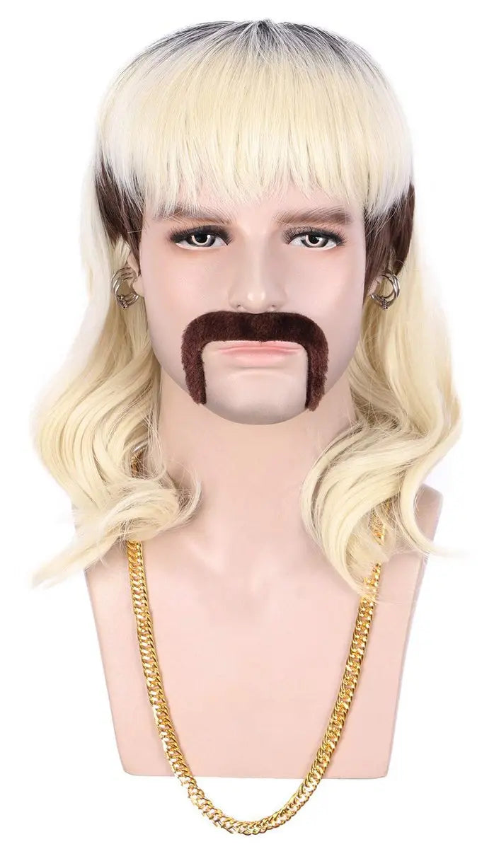 karlery Adult Men 70s 80s Rocker Mullet Long Wave Beige Blonde Dark Root Mustache Wig with 6 Earrings and Golden Necklace Halloween Costume Cosplay Wig Avelisse