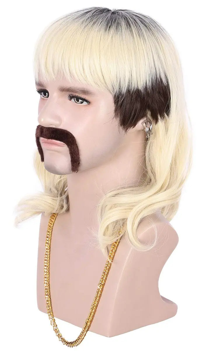 karlery Adult Men 70s 80s Rocker Mullet Long Wave Beige Blonde Dark Root Mustache Wig with 6 Earrings and Golden Necklace Halloween Costume Cosplay Wig Avelisse