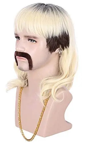 karlery Adult Men 70s 80s Rocker Mullet Long Wave Beige Blonde Dark Root Mustache Wig with 6 Earrings and Golden Necklace Halloween Costume Cosplay Wig Avelisse