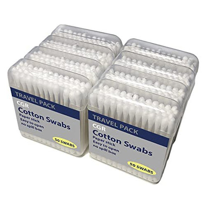 CGR 400pcs Organic Cotton Swabs – 100% Pure Cotton Double-Tipped, Compostable Paper Sticks, Travel Pack (8 Packs of 50)