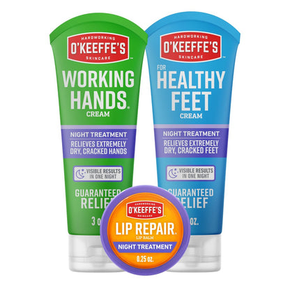 O'Keeffe's Night Treatment Combo Pack: Hand, Foot & Lip Repair Set – Intense Overnight Moisturizer Avelisse