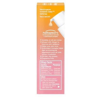 Neutrogena Invisible Daily Defense Face Sunscreen SPF 60 with Antioxidants, Hydrating Serum, 1.7 oz