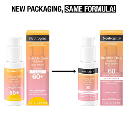 Neutrogena Invisible Daily Defense Face Sunscreen SPF 60 with Antioxidants, Hydrating Serum, 1.7 oz