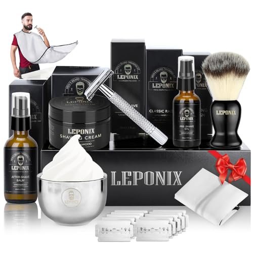 LEPONIX Ultimate Shaving Kit for Men – 17-Piece Safety Razor Set with Sandalwood Shaving Cream, Aftershave, Pre Shave Oil, Brush, Bowl & Apron – Perfect Gifts for Him, Husband, Dad Avelisse