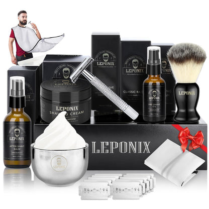 LEPONIX Ultimate Shaving Kit for Men – 17-Piece Safety Razor Set with Sandalwood Shaving Cream, Aftershave, Pre Shave Oil, Brush, Bowl & Apron – Perfect Gifts for Him, Husband, Dad Avelisse