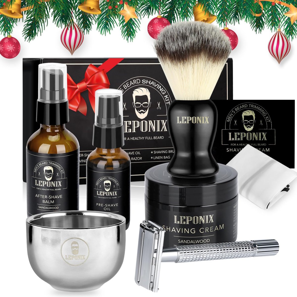 LEPONIX Ultimate Shaving Kit for Men – 17-Piece Safety Razor Set with Sandalwood Shaving Cream, Aftershave, Pre Shave Oil, Brush, Bowl & Apron – Perfect Gifts for Him, Husband, Dad Avelisse