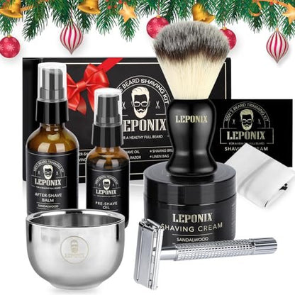 LEPONIX Ultimate Shaving Kit for Men – 17-Piece Safety Razor Set with Sandalwood Shaving Cream, Aftershave, Pre Shave Oil, Brush, Bowl & Apron – Perfect Gifts for Him, Husband, Dad Avelisse