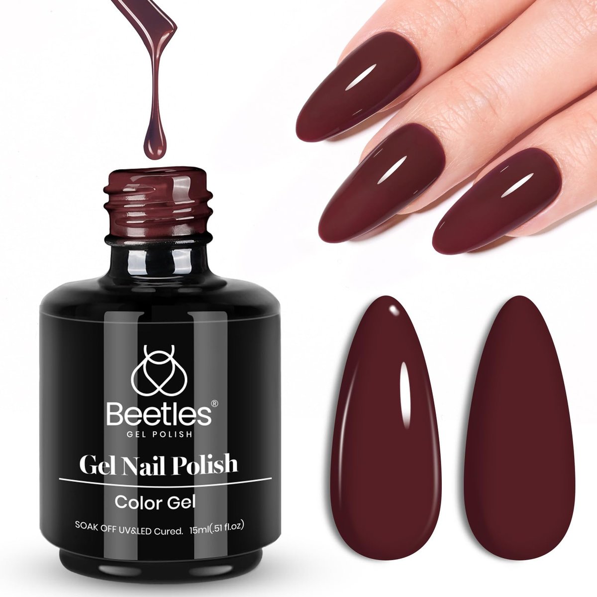 Beetles Burgundy Red Gel Polish – Blanchett Maroon 15ml Dark Plum Red Color UV Soak Off Nail Polish for DIY Manicure at Home - görsel 13
