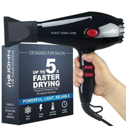 JOHN Professional Hair Blow Dryer - 2200W Fast Drying Ionic Hair Dryer with Tourmaline Ceramic Technology, Black Avelisse