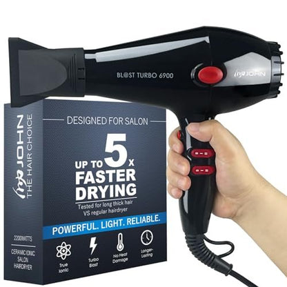 JOHN Professional Hair Blow Dryer - 2200W Fast Drying Ionic Hair Dryer with Tourmaline Ceramic Technology, Black Avelisse