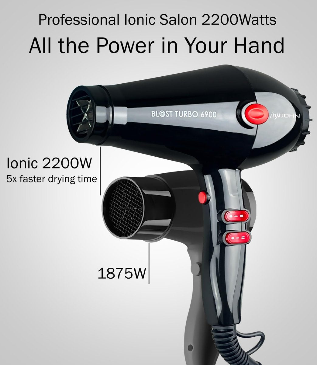 JOHN Professional Hair Blow Dryer - 2200W Fast Drying Ionic Hair Dryer with Tourmaline Ceramic Technology, Black Avelisse