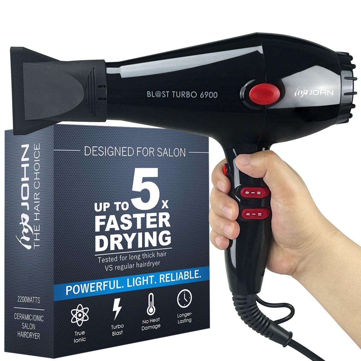 JOHN Professional Hair Blow Dryer - 2200W Fast Drying Ionic Hair Dryer with Tourmaline Ceramic Technology, Black Avelisse