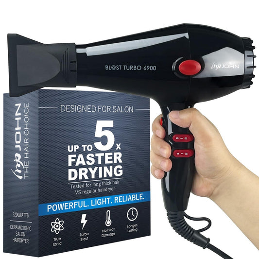JOHN Professional Hair Blow Dryer - 2200W Fast Drying Ionic Hair Dryer with Tourmaline Ceramic Technology, Black Avelisse