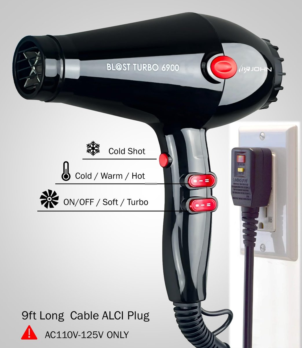 JOHN Professional Hair Blow Dryer - 2200W Fast Drying Ionic Hair Dryer with Tourmaline Ceramic Technology, Black Avelisse