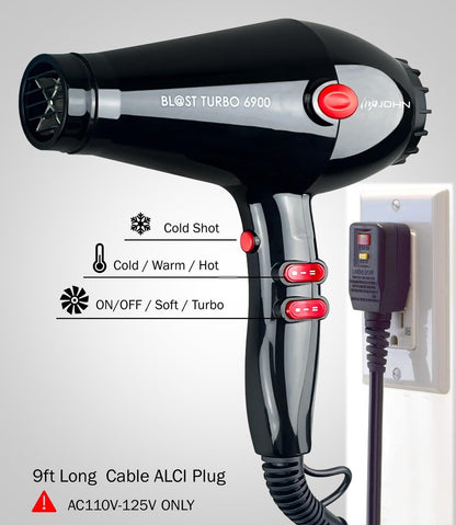 JOHN Professional Hair Blow Dryer - 2200W Fast Drying Ionic Hair Dryer with Tourmaline Ceramic Technology, Black Avelisse