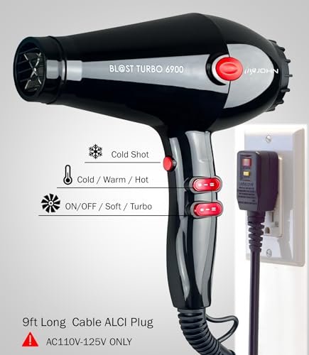 JOHN Professional Hair Blow Dryer - 2200W Fast Drying Ionic Hair Dryer with Tourmaline Ceramic Technology, Black Avelisse