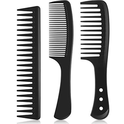 Patelai 3-Piece Wide Tooth Detangling Hair Comb Set - Carbon Fiber Anti-Static Heat Resistant Styling Combs for Women, Curly, Straight, Long Hair (Black)
