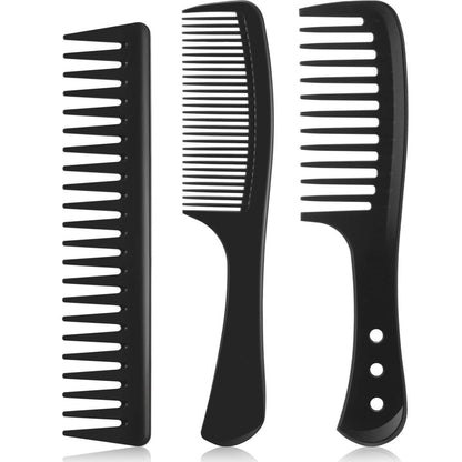 Patelai 3-Piece Wide Tooth Detangling Hair Comb Set - Carbon Fiber Anti-Static Heat Resistant Styling Combs for Women, Curly, Straight, Long Hair (Black)