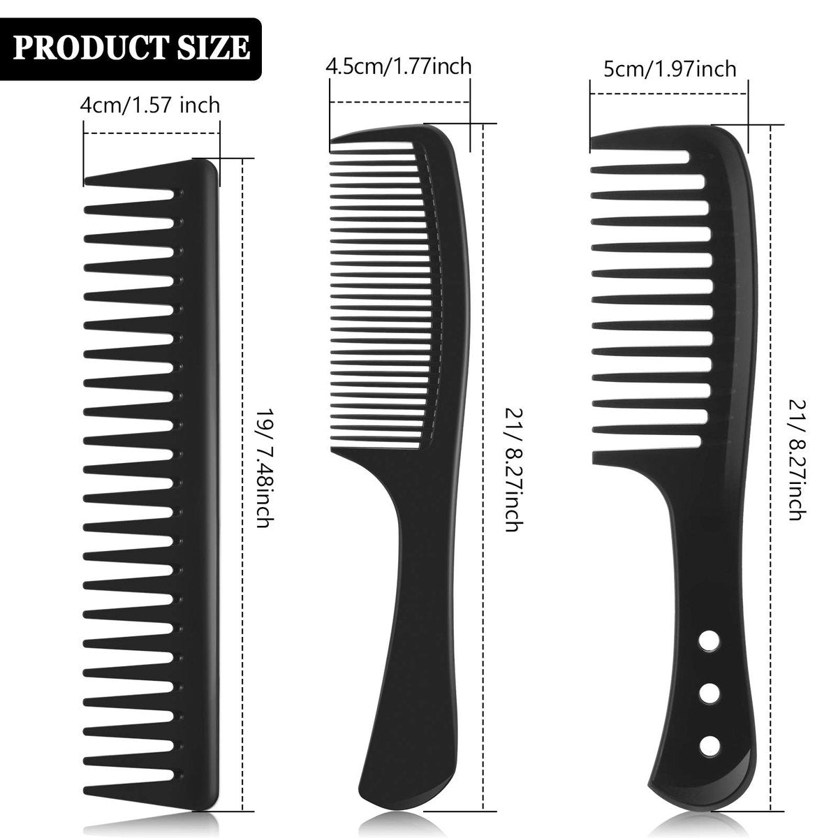 Patelai 3-Piece Wide Tooth Detangling Hair Comb Set - Carbon Fiber Anti-Static Heat Resistant Styling Combs for Women, Curly, Straight, Long Hair (Black) - görsel 3
