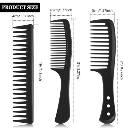 Patelai 3-Piece Wide Tooth Detangling Hair Comb Set - Carbon Fiber Anti-Static Heat Resistant Styling Combs for Women, Curly, Straight, Long Hair (Black)