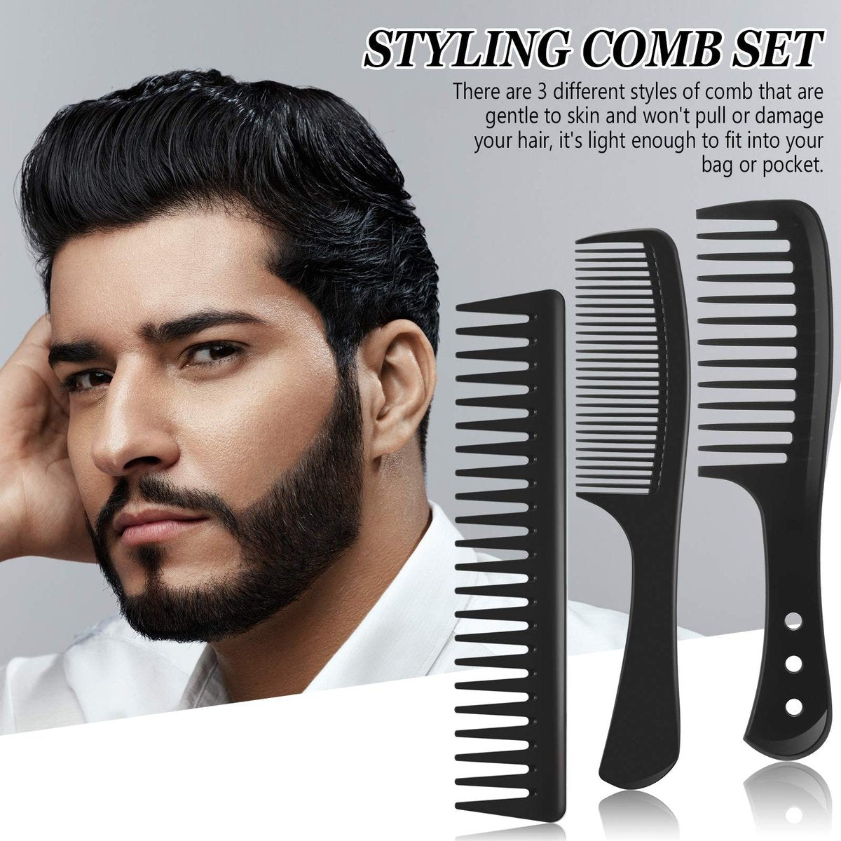 Patelai 3-Piece Wide Tooth Detangling Hair Comb Set - Carbon Fiber Anti-Static Heat Resistant Styling Combs for Women, Curly, Straight, Long Hair (Black) - görsel 7