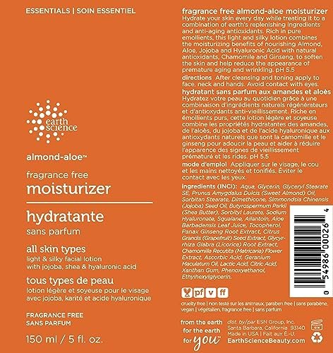 Earth Science Almond Aloe Fragrance Free Facial Moisturizer - 5.07 fl oz, Gentle Daily Hydration for Sensitive Skin Avelisse