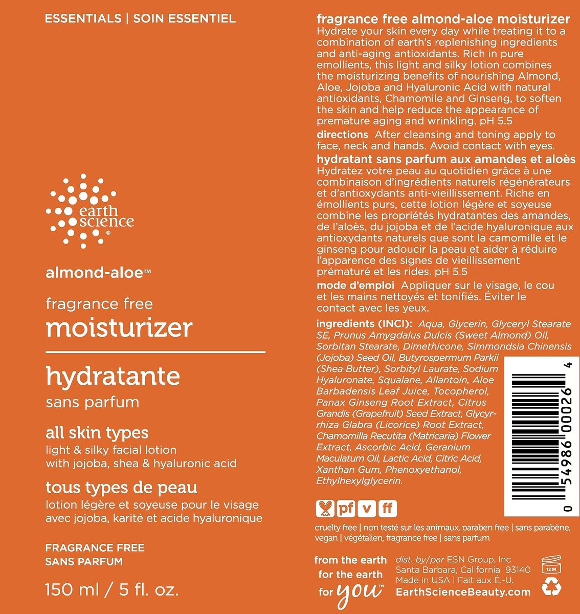 Earth Science Almond Aloe Fragrance Free Facial Moisturizer - 5.07 fl oz, Gentle Daily Hydration for Sensitive Skin Avelisse