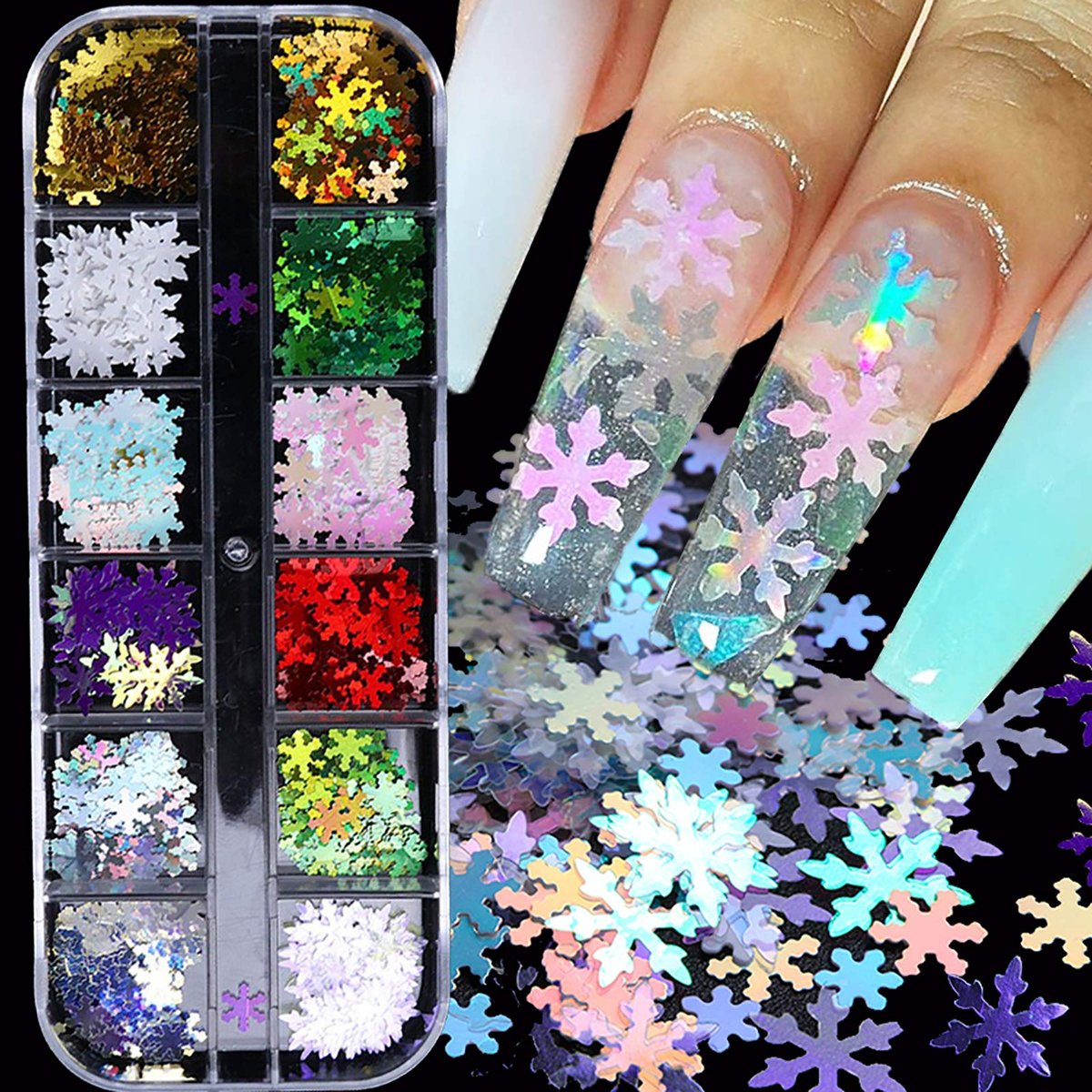12 Grids Snowflake Glitter Nail Sequins - 3D Holographic Christmas Nail Flakes & Confetti Decals for Manicure & DIY Nail Art - görsel 1