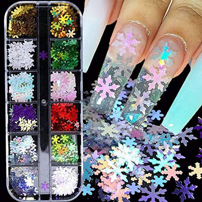 12 Grids Snowflake Glitter Nail Sequins - 3D Holographic Christmas Nail Flakes & Confetti Decals for Manicure & DIY Nail Art