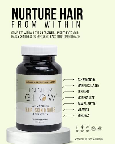 Inner Glow Advanced Hair, Skin & Nails Vitamins – Doctor-Developed with Biotin, Collagen Peptides, Vitamin D & B12 – Clinically Tested 12-Week Results, Non-GMO, Made in USA (90 Count) Avelisse