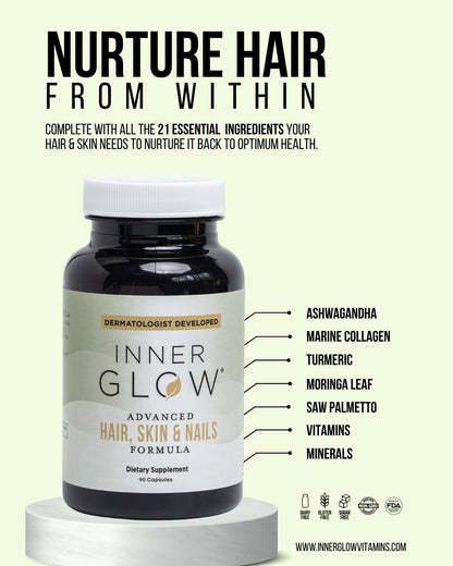 Inner Glow Advanced Hair, Skin & Nails Vitamins – Doctor-Developed with Biotin, Collagen Peptides, Vitamin D & B12 – Clinically Tested 12-Week Results, Non-GMO, Made in USA (90 Count) Avelisse