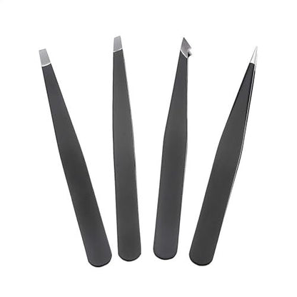 Professional Stainless Steel Tweezers Set of 4 with Travel Case - Precision Facial Hair, Eyebrow, and Eyelash Tweezers