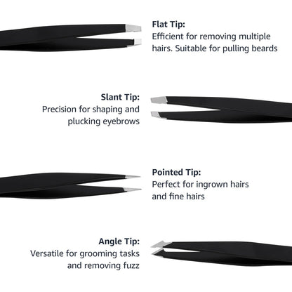 Professional Stainless Steel Tweezers Set of 4 with Travel Case - Precision Facial Hair, Eyebrow, and Eyelash Tweezers