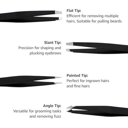 Professional Stainless Steel Tweezers Set of 4 with Travel Case - Precision Facial Hair, Eyebrow, and Eyelash Tweezers