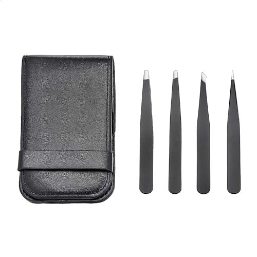 Professional Stainless Steel Tweezers Set of 4 with Travel Case - Precision Facial Hair, Eyebrow, and Eyelash Tweezers - görsel 1