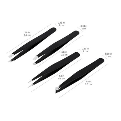 Professional Stainless Steel Tweezers Set of 4 with Travel Case - Precision Facial Hair, Eyebrow, and Eyelash Tweezers