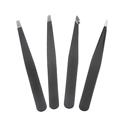 Professional Stainless Steel Tweezers Set of 4 with Travel Case - Precision Facial Hair, Eyebrow, and Eyelash Tweezers