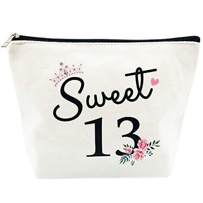 Sweet 13 Gifts for Girls - 13th Birthday Gifts Ideas Best Friend Daughter Funny 13 Year Old Girls Sweet Thirteen Gifts for Teen Girls Cute Makeup Bag Celebrate Turning Thirteen