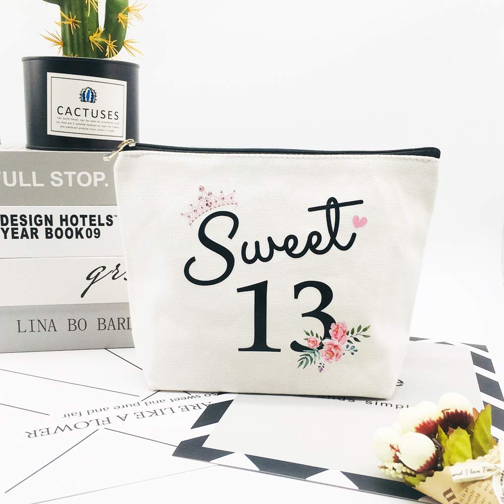 Sweet 13 Gifts for Girls - 13th Birthday Gifts Ideas Best Friend Daughter Funny 13 Year Old Girls Sweet Thirteen Gifts for Teen Girls Cute Makeup Bag Celebrate Turning Thirteen - görsel 13