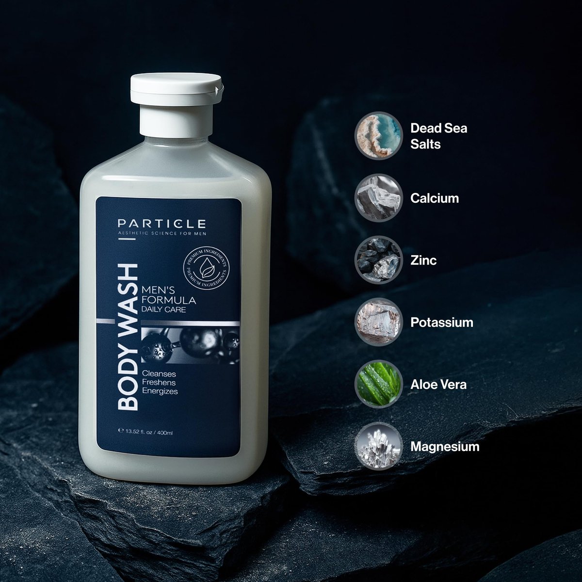 Particle Men’s Body Wash with Dead Sea Minerals – Hydrating Moisturizing Shower Gel & Cleanser – Fresh Citrus & Woody Scent – 13.52 FL OZ Avelisse