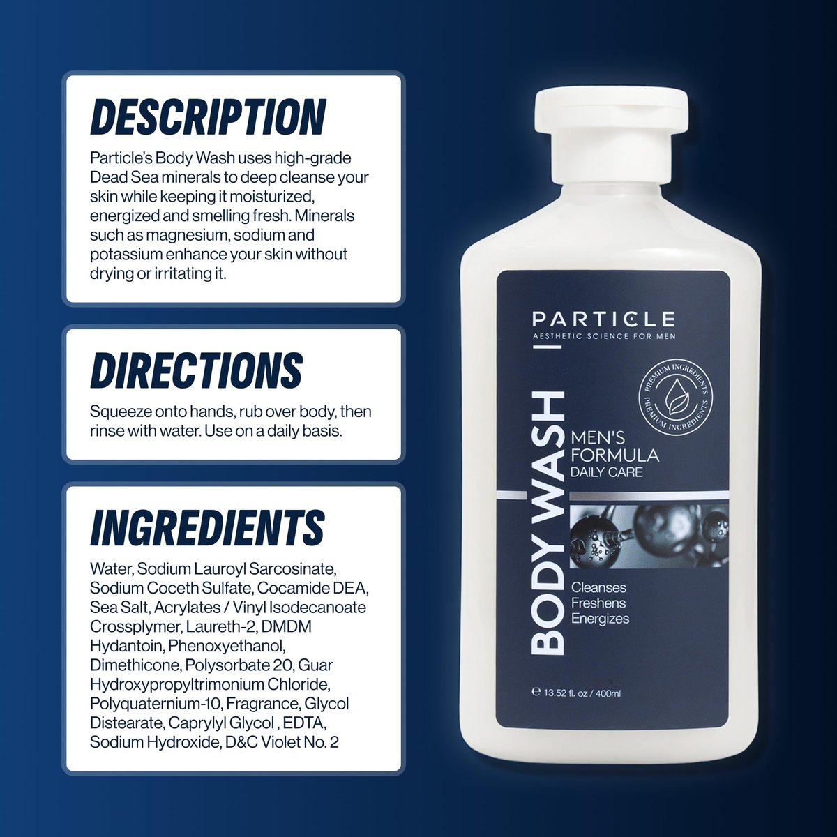 Particle Men’s Body Wash with Dead Sea Minerals – Hydrating Moisturizing Shower Gel & Cleanser – Fresh Citrus & Woody Scent – 13.52 FL OZ Avelisse