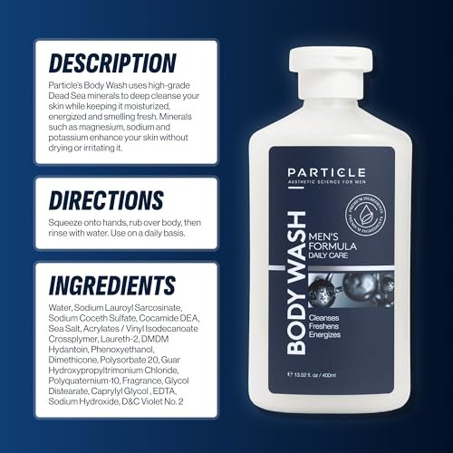 Particle Men’s Body Wash with Dead Sea Minerals – Hydrating Moisturizing Shower Gel & Cleanser – Fresh Citrus & Woody Scent – 13.52 FL OZ Avelisse