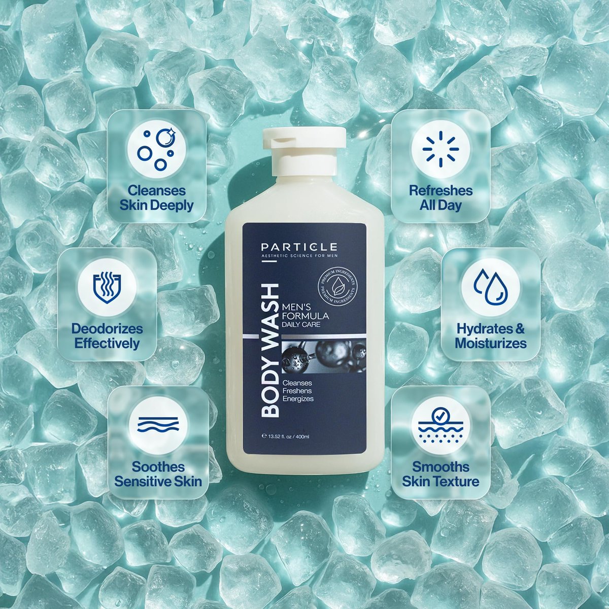 Particle Men’s Body Wash with Dead Sea Minerals – Hydrating Moisturizing Shower Gel & Cleanser – Fresh Citrus & Woody Scent – 13.52 FL OZ Avelisse