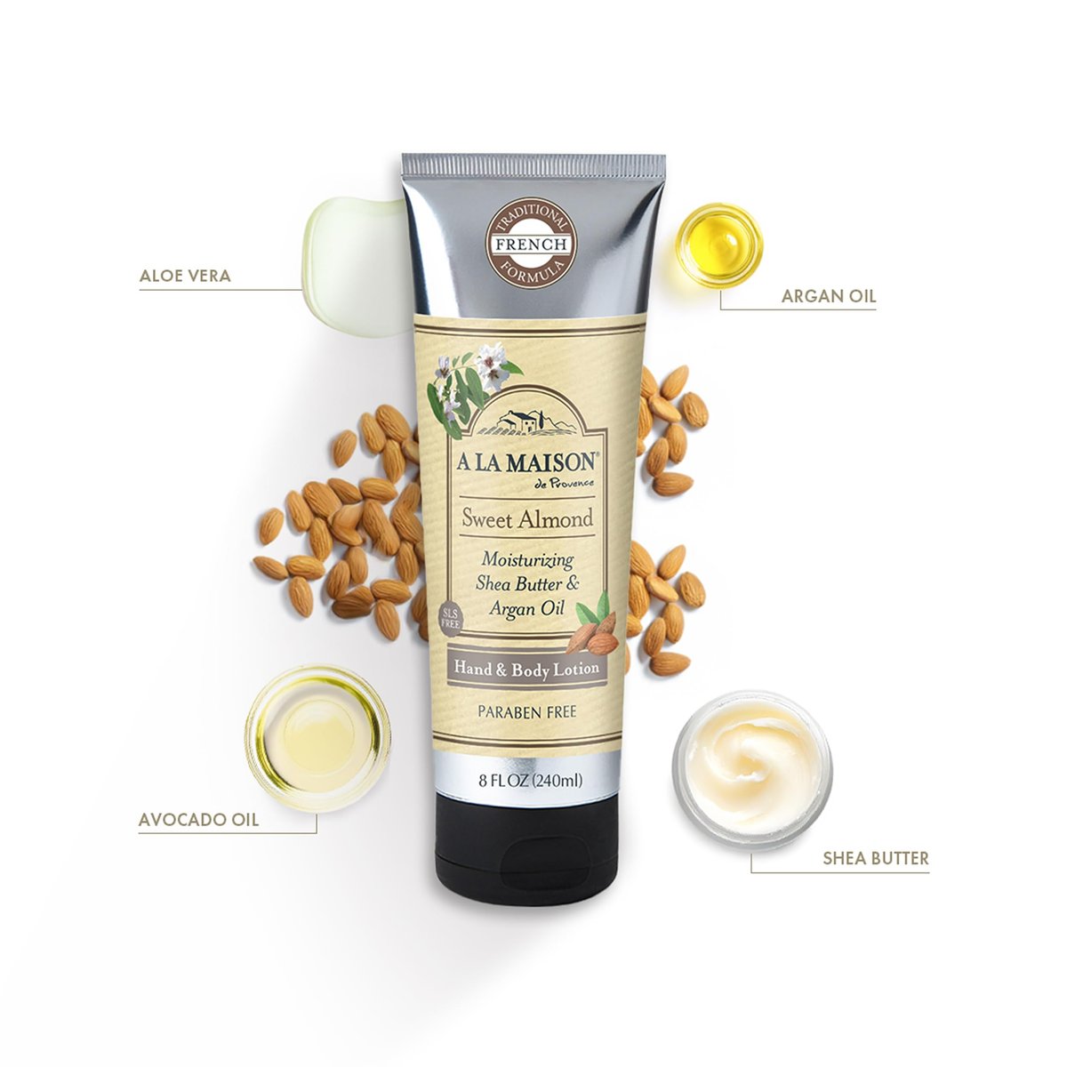 A LA MAISON Moisturizing Lotion, Sweet Almond - Nourishing French Formula for Dry Skin - Argan Oil, Pure Shea Butter, Essential Oils, Plant Based, Cruelty-Free, SLS and Paraben Free (8 Oz, 2 Pack) Avelisse