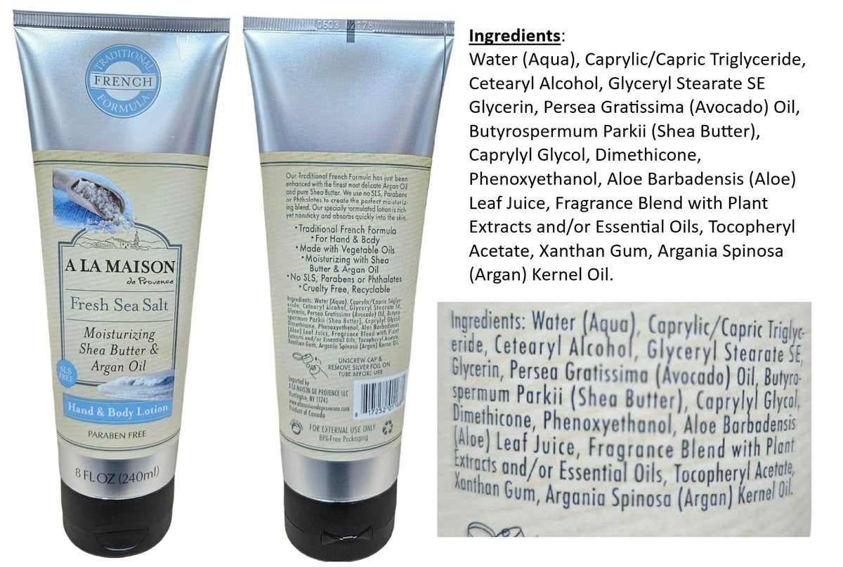 A LA MAISON De Provence Hand and Body Lotion – Natural Moisturizing Lotion with Argan Oil and Shea Butter for Dry Skin, Paraben & Phthalate Free, Fresh Sea Salt Scent, 8 Fl Oz (Pack of 2) Avelisse