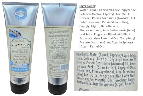 A LA MAISON De Provence Hand and Body Lotion – Natural Moisturizing Lotion with Argan Oil and Shea Butter for Dry Skin, Paraben & Phthalate Free, Fresh Sea Salt Scent, 8 Fl Oz (Pack of 2) Avelisse