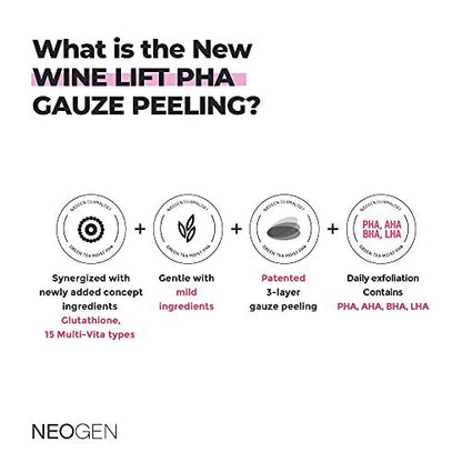 Dermalogy by Neogenlab Wine Lift PHA Gauze Peeling Pads - Exfoliating, Revitalizing & Firming Peeling Pad with AHA, BHA, PHA, LHA & Wine & Peptide & Collagen - Korean Skin Care (30 pads)