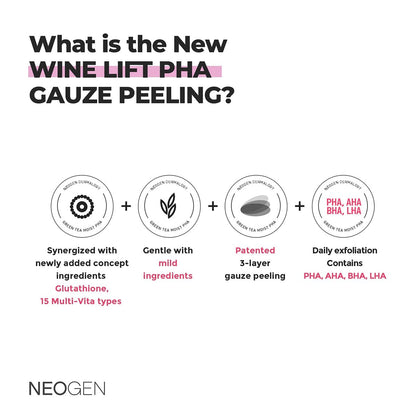 Dermalogy by Neogenlab Wine Lift PHA Gauze Peeling Pads - Exfoliating, Revitalizing & Firming Peeling Pad with AHA, BHA, PHA, LHA & Wine & Peptide & Collagen - Korean Skin Care (30 pads)