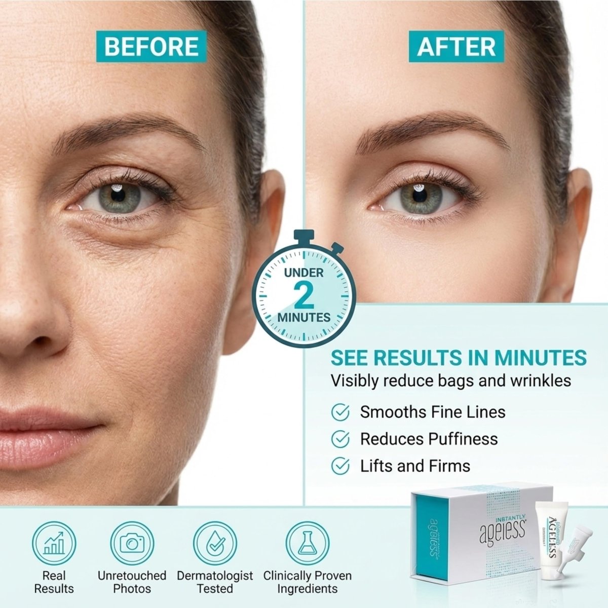 Instantly Ageless Instant Face Lift Cream – Anti-Aging Face Cream with Vitamin C, Wrinkle Tightener & Eye Cream for Puffiness (20 Vials) Avelisse