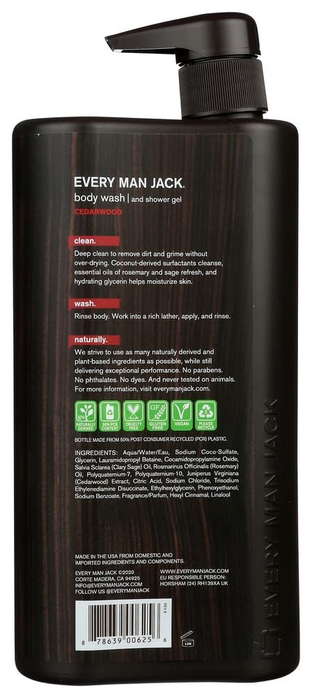 Every Man Jack Men's Body Wash - Cedarwood, 33 oz Twin Pack (2 Bottles) - Naturally Derived, Paraben-Free, Phthalate-Free, Dye-Free, Cruelty-Free Avelisse
